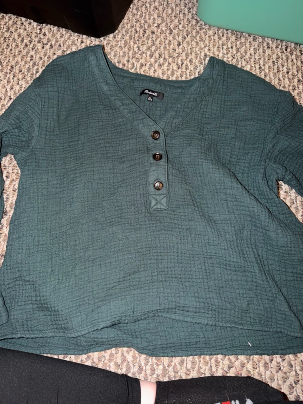 Madewell Forest Green Textured Button-Front V-Neck Top